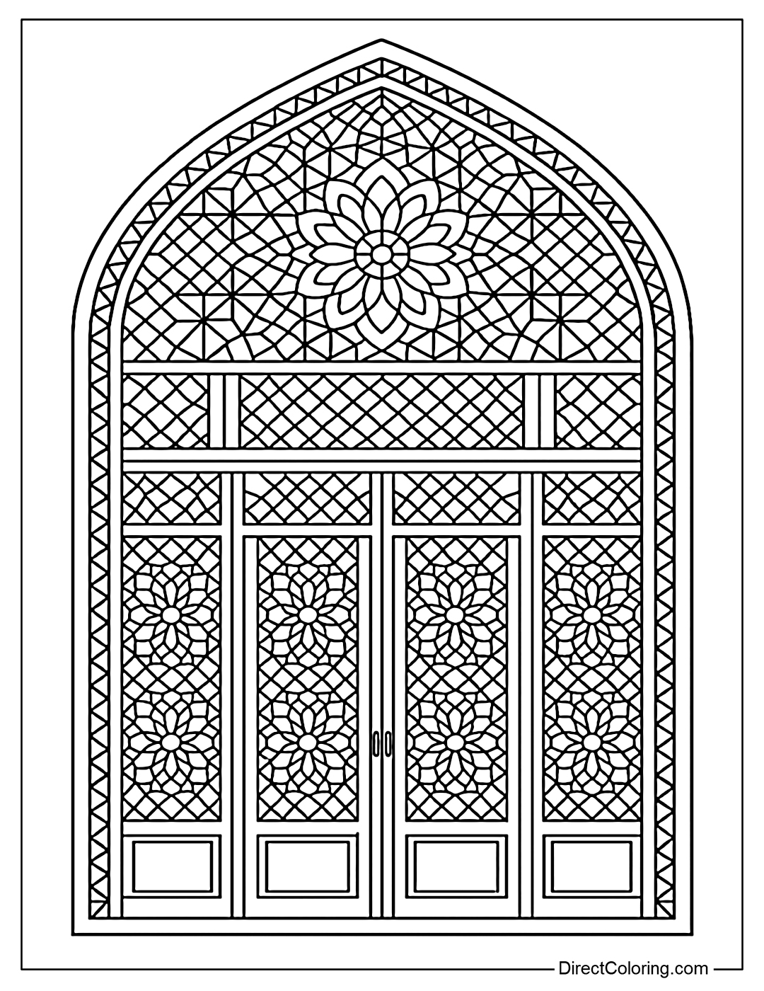 Coloring page of the patterned glass window of the famous pink mosque in Iran.